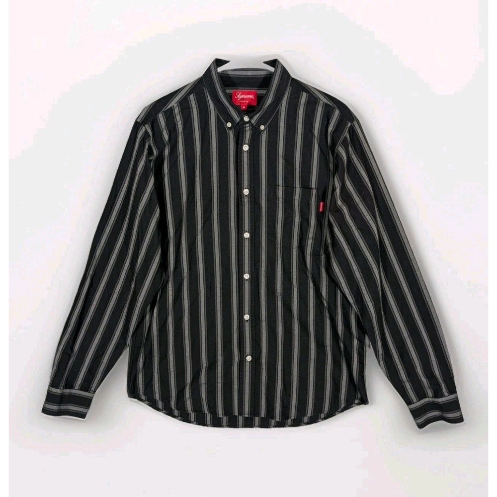 Supreme Oxford Button Down Shirt Men's Medium Black Gray Striped Dress Casual